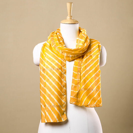 Yellow - Leheriya Tie-Dye Chanderi Silk Handloom Stole with Zari Border 07