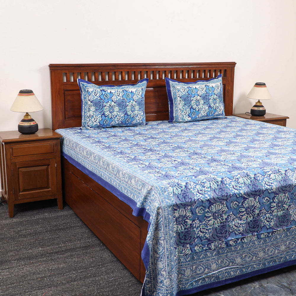 Blue - Pure Cotton Double Sanganeri Print Bed Cover Set 23