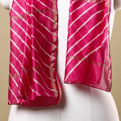 Pink - Leheriya Tie-Dye Chanderi Silk Handloom Stole with Zari Border 08