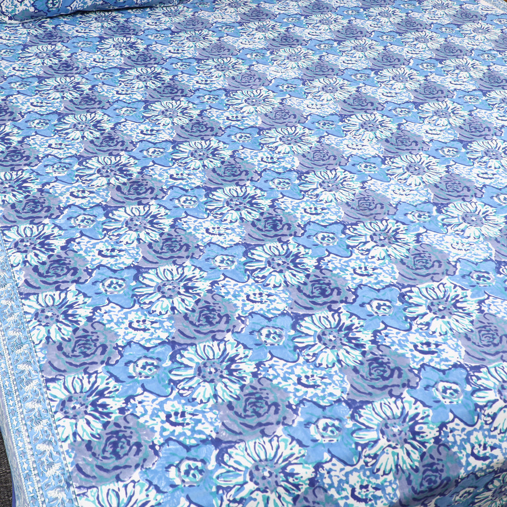 Blue - Pure Cotton Double Sanganeri Print Bed Cover Set 23