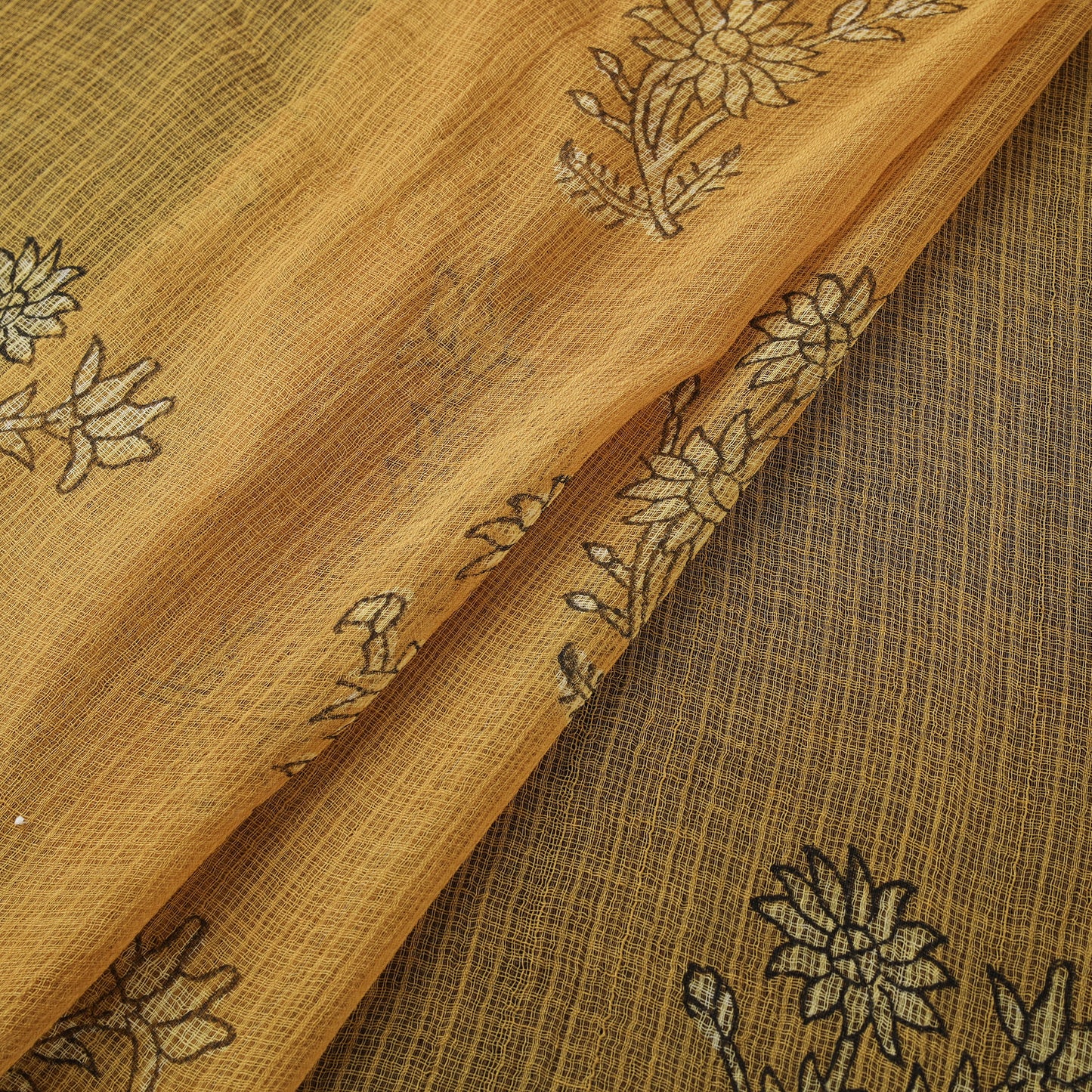 Yellow - Akola Hand Block Print Kota Doria Cotton Fabric 32