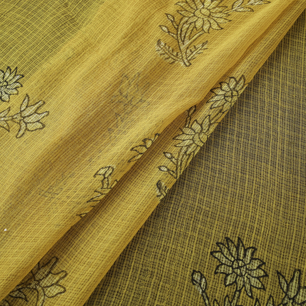 Yellow - Akola Hand Block Print Kota Doria Cotton Fabric 32