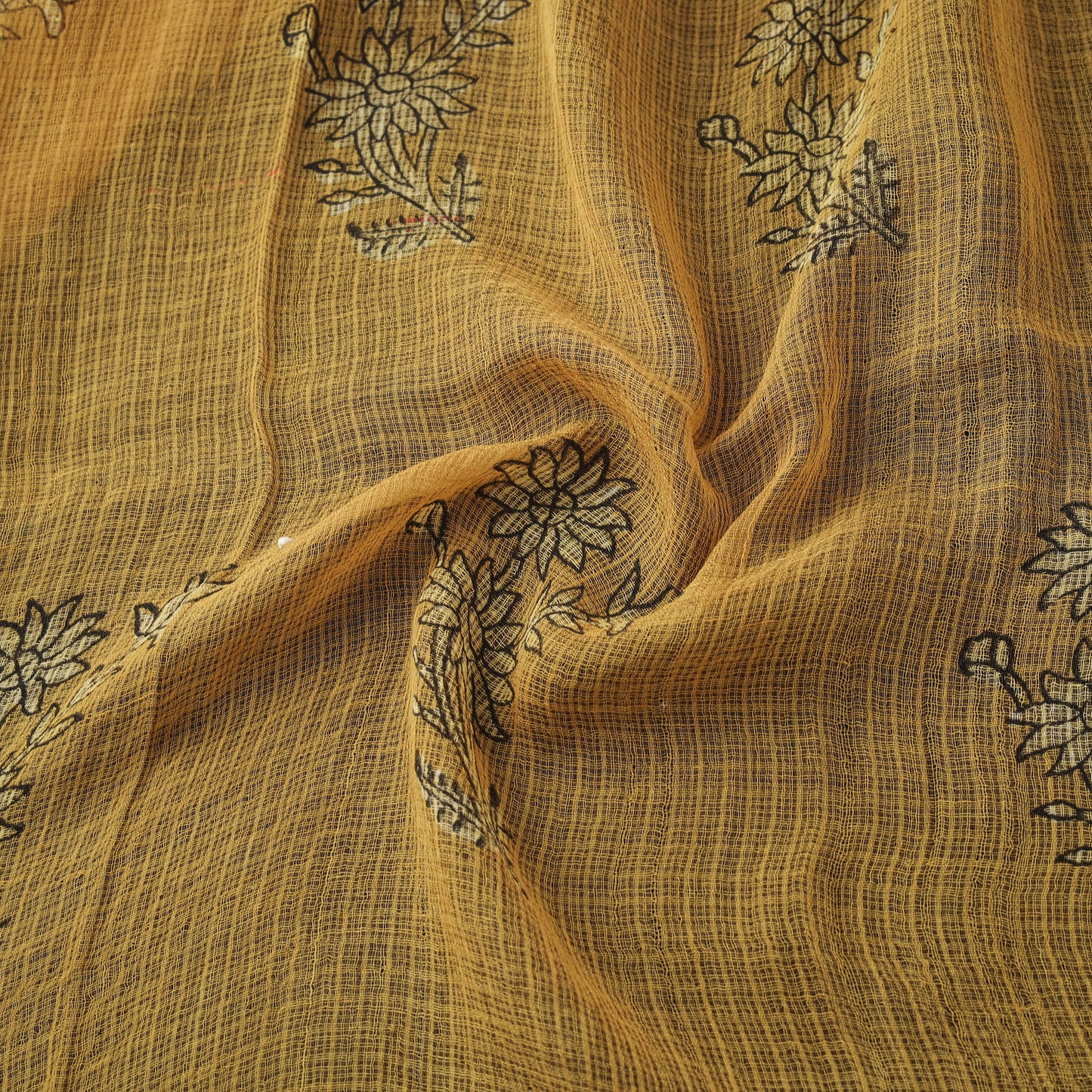 Yellow - Akola Hand Block Print Kota Doria Cotton Fabric 32