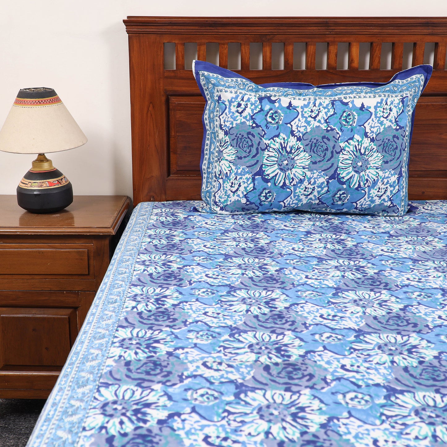 Blue - Pure Cotton Double Sanganeri Print Bed Cover Set 23