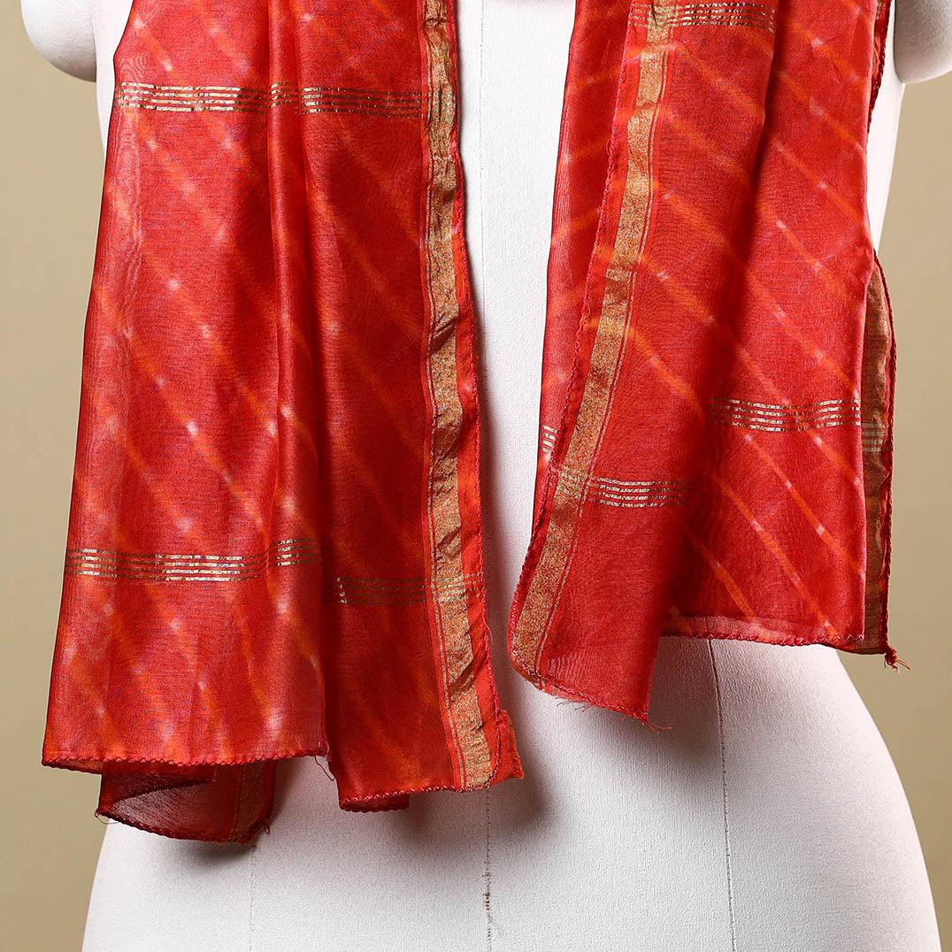 Orange - Leheriya Tie-Dye Mothra Chanderi Silk Handloom Stole with Zari Border 12