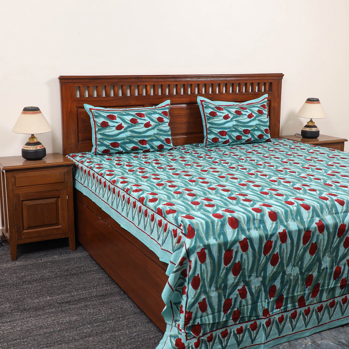 Green - Pure Cotton Double Sanganeri Print Bed Cover Set 25