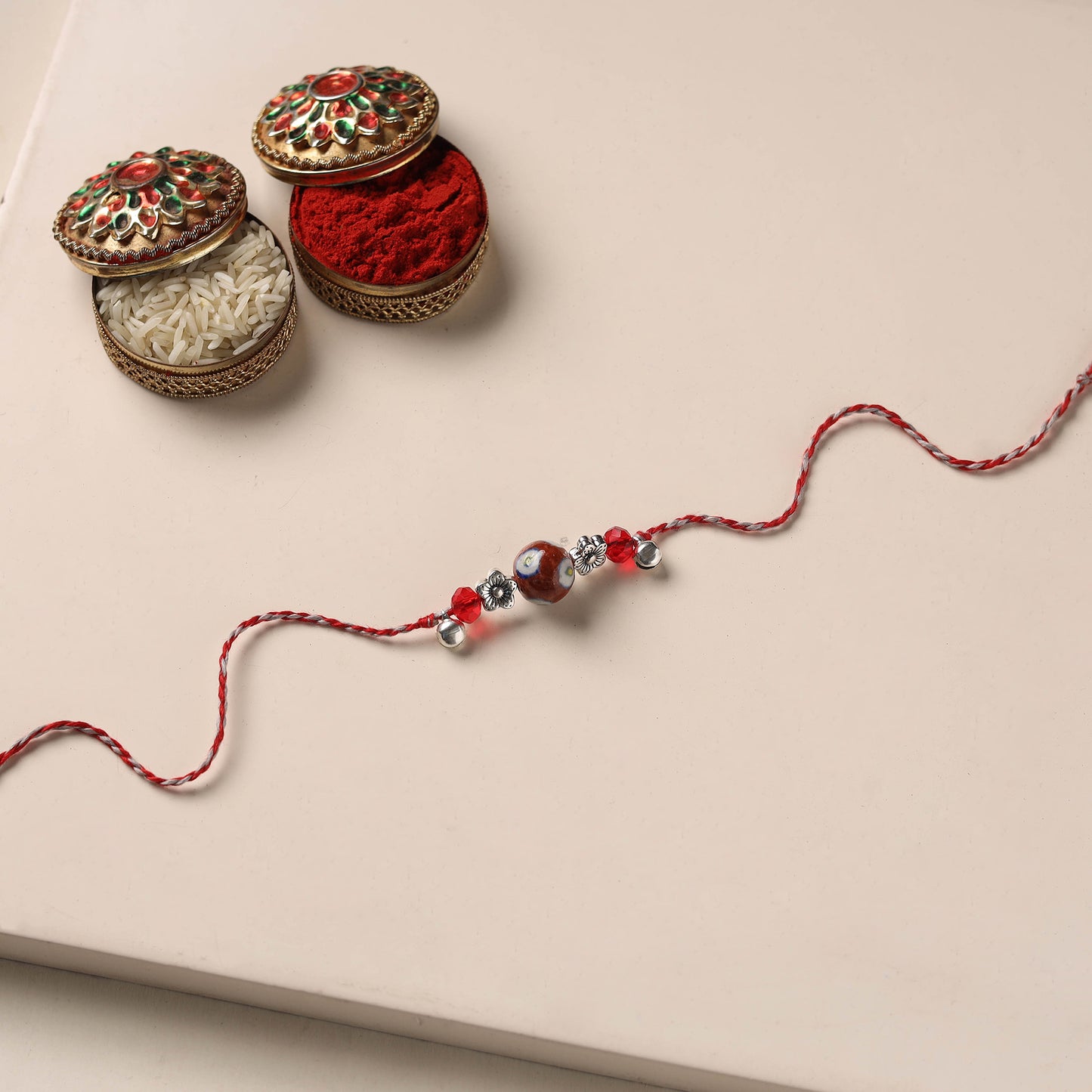 Handmade Blue Pottery & GS Bead Work Rakhi 15