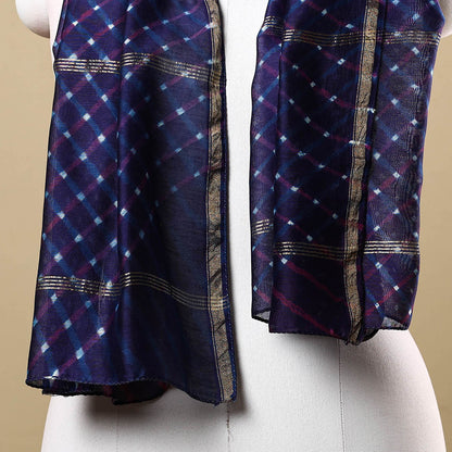 Blue - Leheriya Tie-Dye Mothra Chanderi Silk Handloom Stole with Zari Border 14