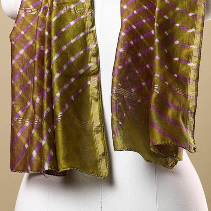 Green - Leheriya Tie-Dye Mothra Chanderi Silk Handloom Stole with Zari Border 15