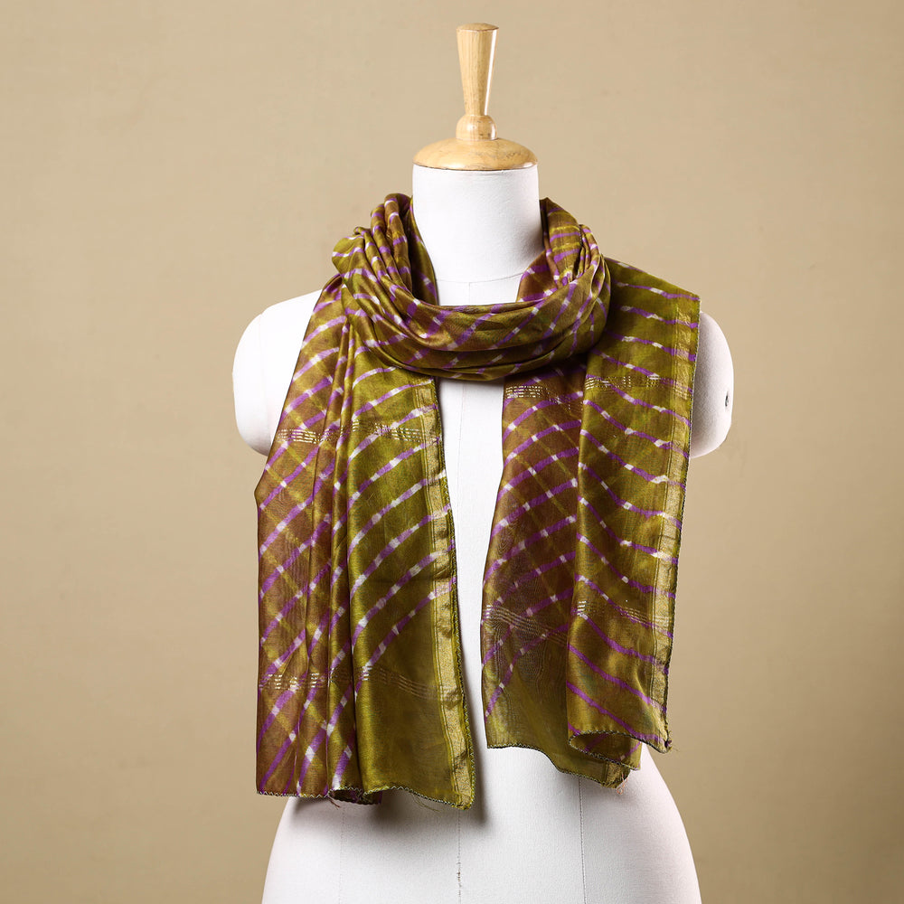 Green - Leheriya Tie-Dye Mothra Chanderi Silk Handloom Stole with Zari Border 15