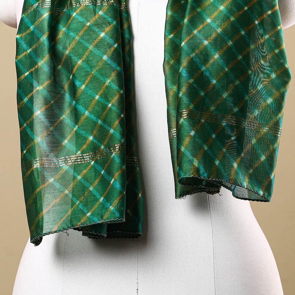 Green - Leheriya Tie-Dye Mothra Chanderi Silk Handloom Stole with Zari Border 17