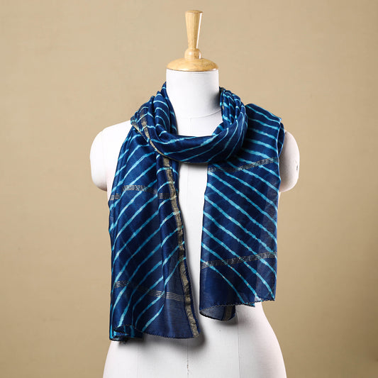 Blue - Leheriya Tie-Dye Mothra Chanderi Silk Handloom Stole with Zari Border 18
