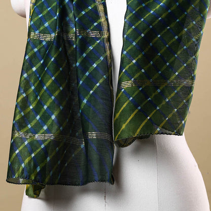 Green - Leheriya Tie-Dye Mothra Chanderi Silk Handloom Stole with Zari Border 19