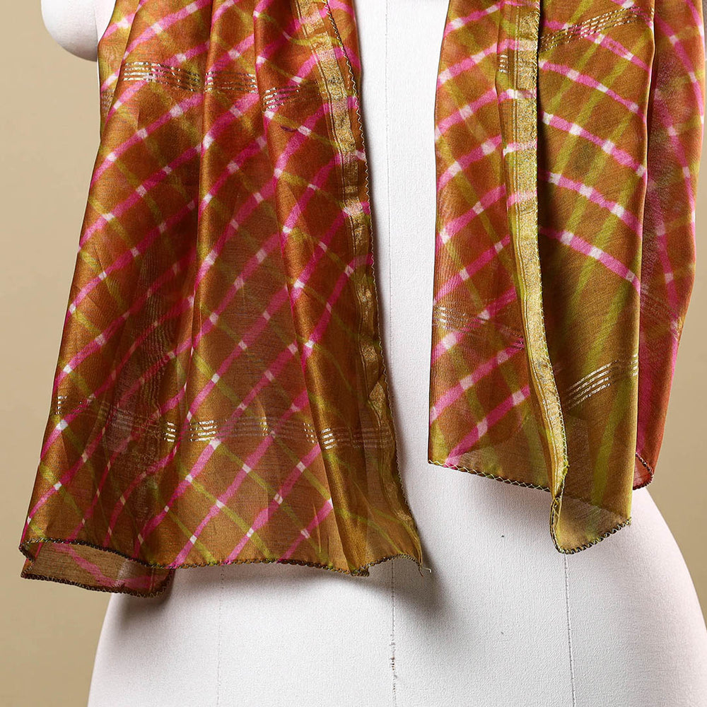 Green - Leheriya Tie-Dye Mothra Chanderi Silk Handloom Stole with Zari Border 20