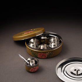 Floral Handpainted Enamelware Stainless Steel Masala Box (7 x 7 in) 06