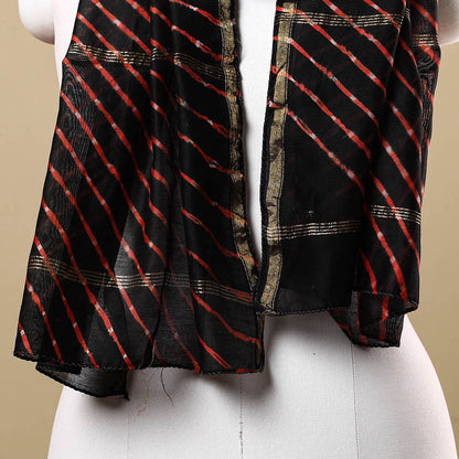 Black - Leheriya Tie-Dye Mothra Chanderi Silk Handloom Stole with Zari Border 23