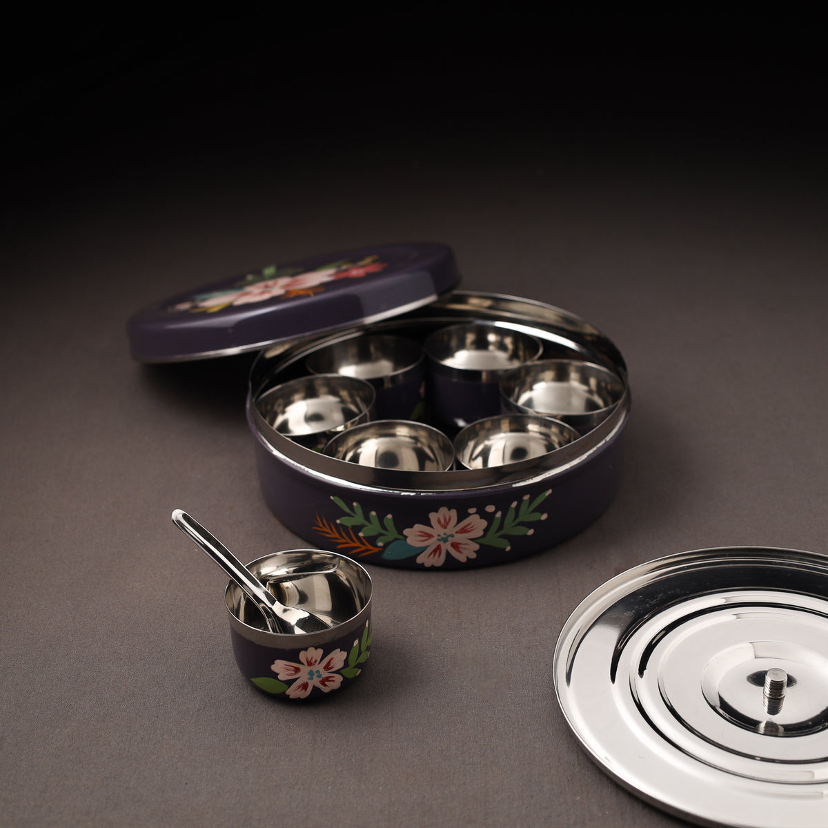 Floral Handpainted Enamelware Stainless Steel Masala Box (7 x 7 in) 07
