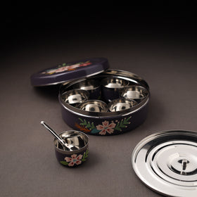 Floral Handpainted Enamelware Stainless Steel Masala Box (7 x 7 in) 07