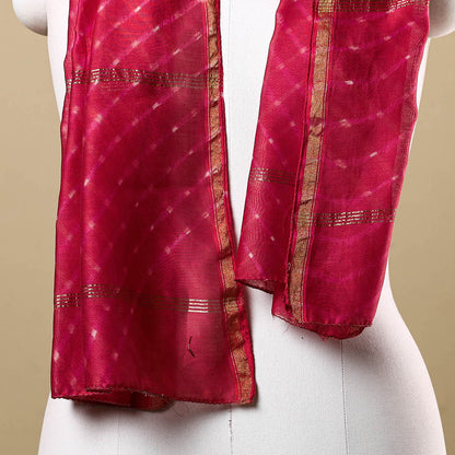 Pink - Leheriya Tie-Dye Mothra Chanderi Silk Handloom Stole with Zari Border 24