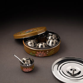 Floral Handpainted Enamelware Stainless Steel Masala Box (7 x 7 in) 08