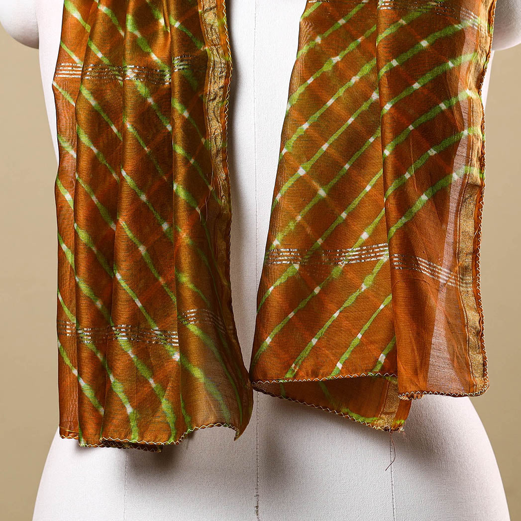 Orange - Leheriya Tie-Dye Mothra Chanderi Silk Handloom Stole with Zari Border 26