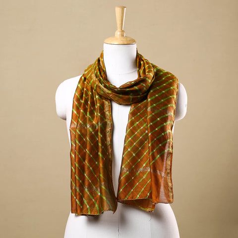 Orange - Leheriya Tie-Dye Mothra Chanderi Silk Handloom Stole with Zari Border 26