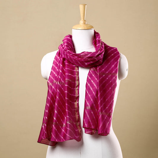 Pink - Leheriya Tie-Dye Mothra Chanderi Silk Handloom Stole with Zari Border 27