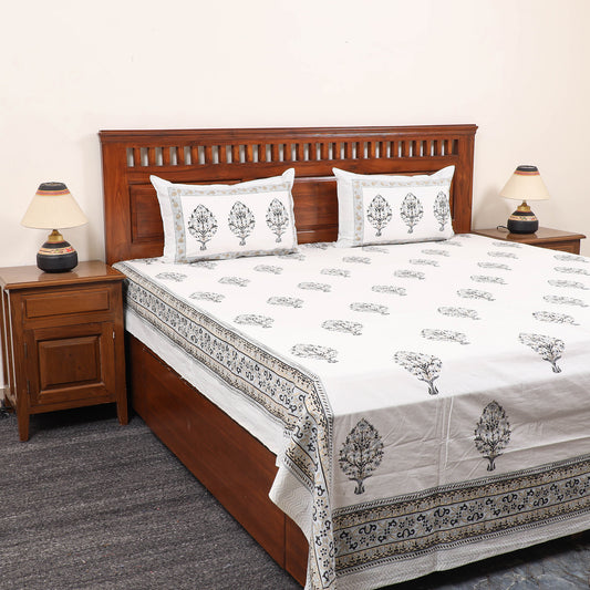 White - Pure Cotton Double Sanganeri Print Bed Cover Set 29