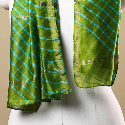 Green - Leheriya Tie-Dye Mothra Chanderi Silk Handloom Stole with Zari Border 28