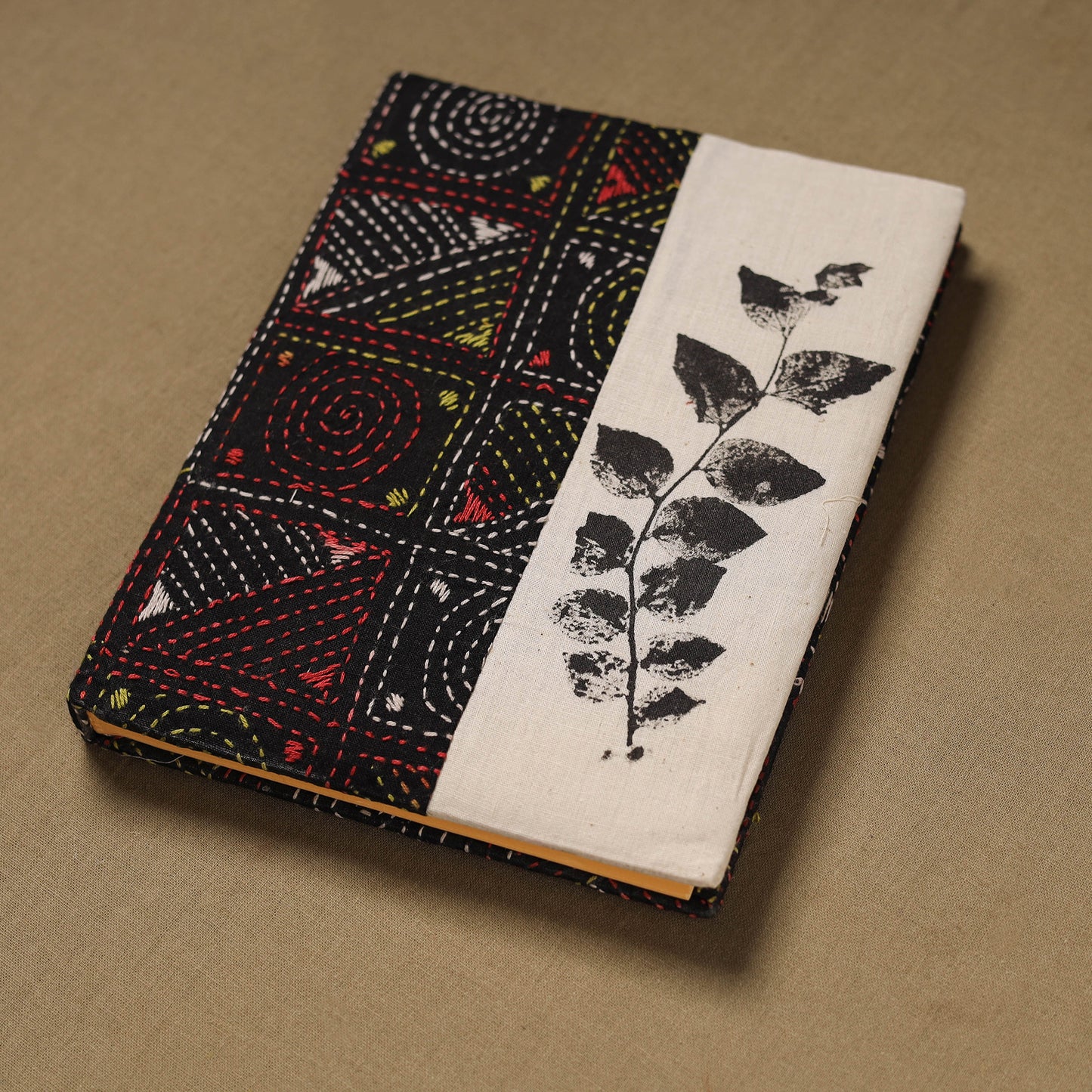 Multi colour - Handmade Paper Notebook with Eco Leaf Print Kantha Work 01