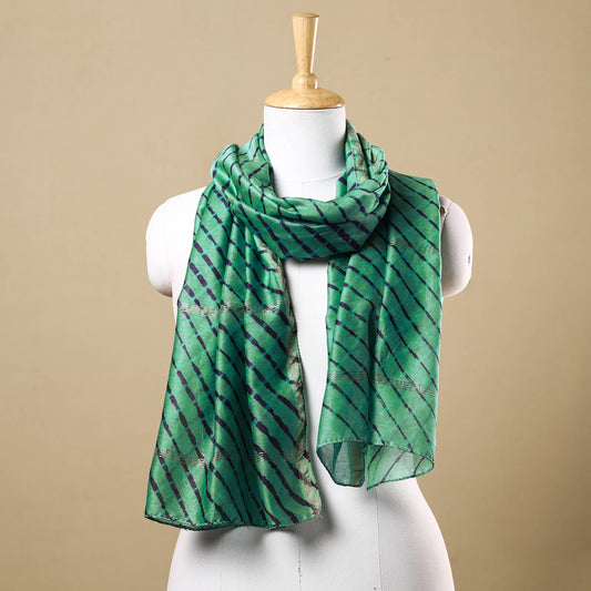 Green - Leheriya Tie-Dye Mothra Chanderi Silk Handloom Stole with Zari Border 30
