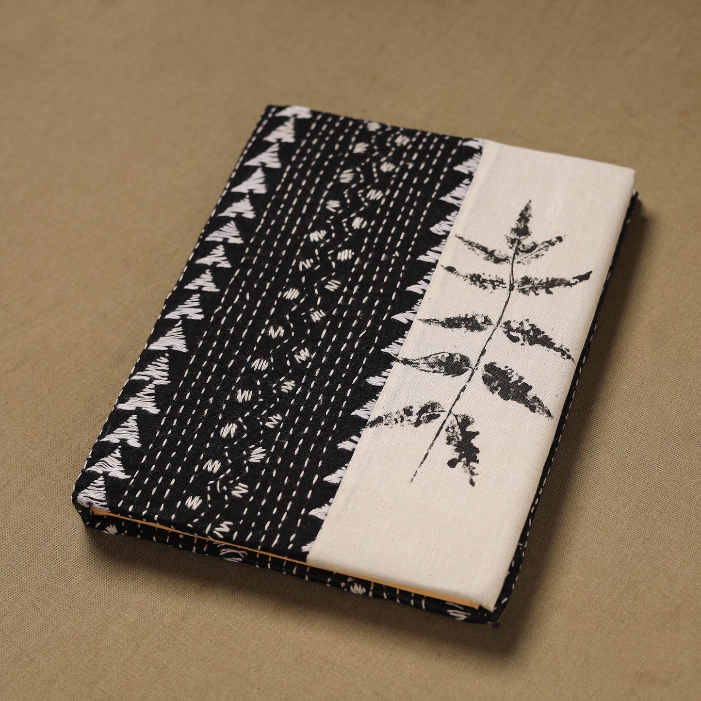 Black - Handmade Paper Notebook with Eco Leaf Print Kantha Work 02