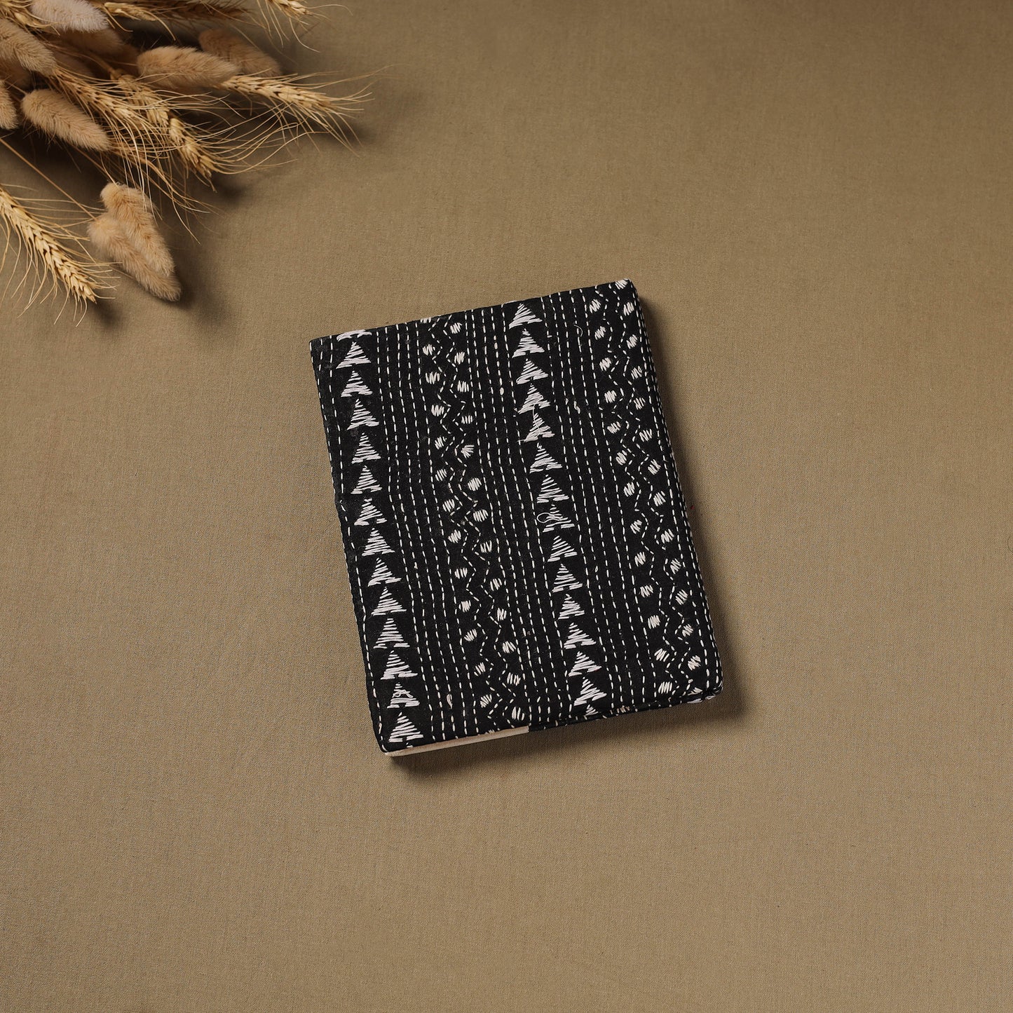 Black - Handmade Paper Notebook with Eco Leaf Print Kantha Work 02