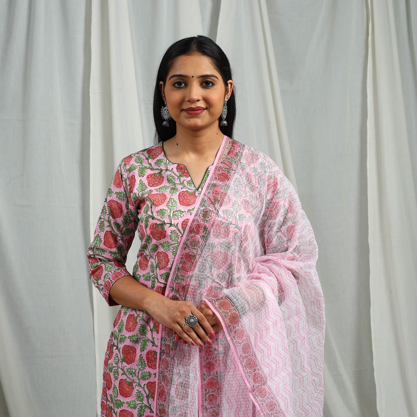 Pink Block Print Cotton Sanganeri Kurta Set