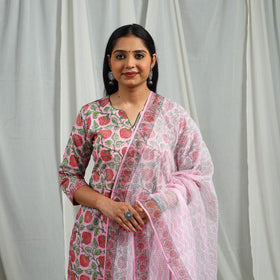 Pink Block Print Cotton Sanganeri Kurta Set