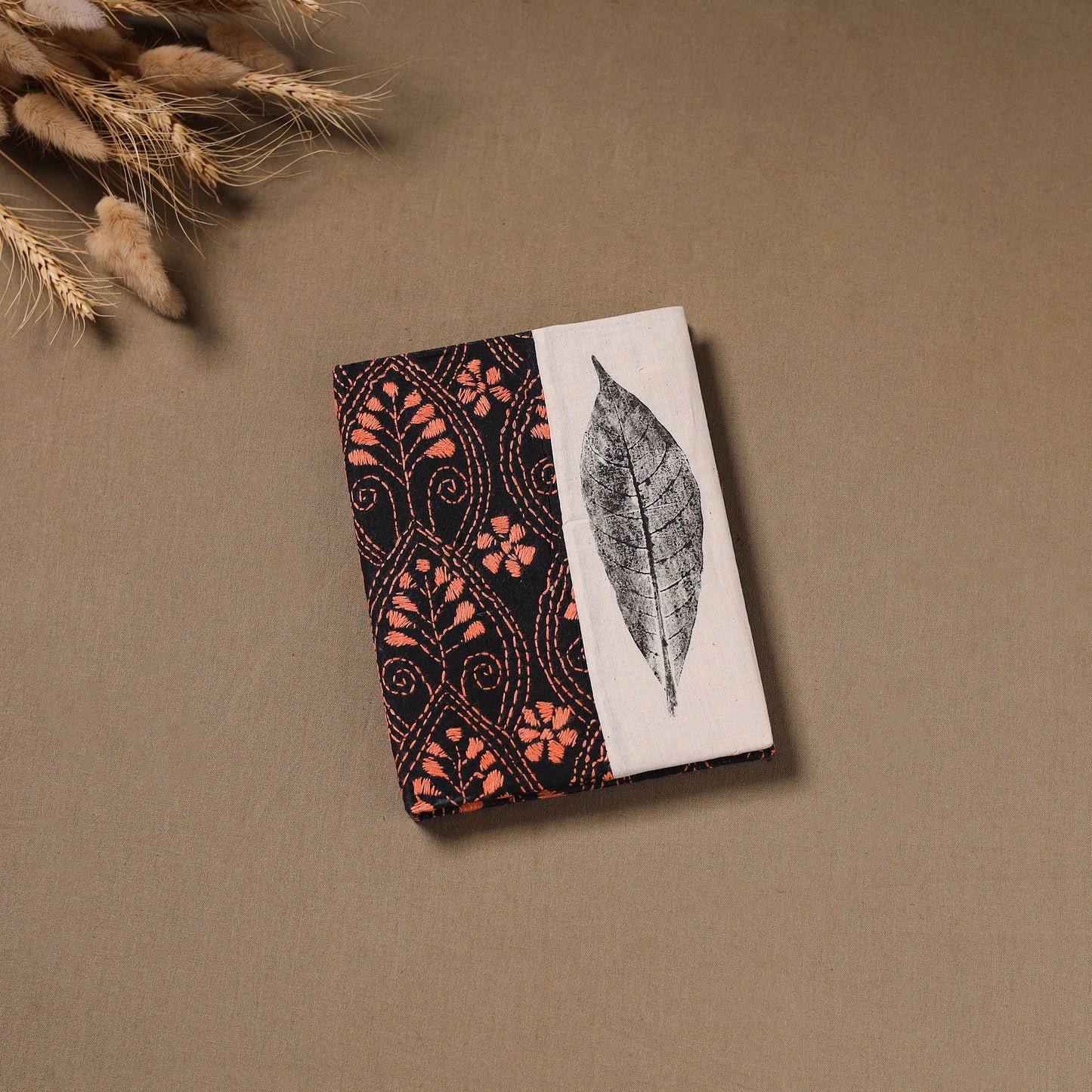 Multi colour - Handmade Paper Notebook with Eco Leaf Print Kantha Work 03