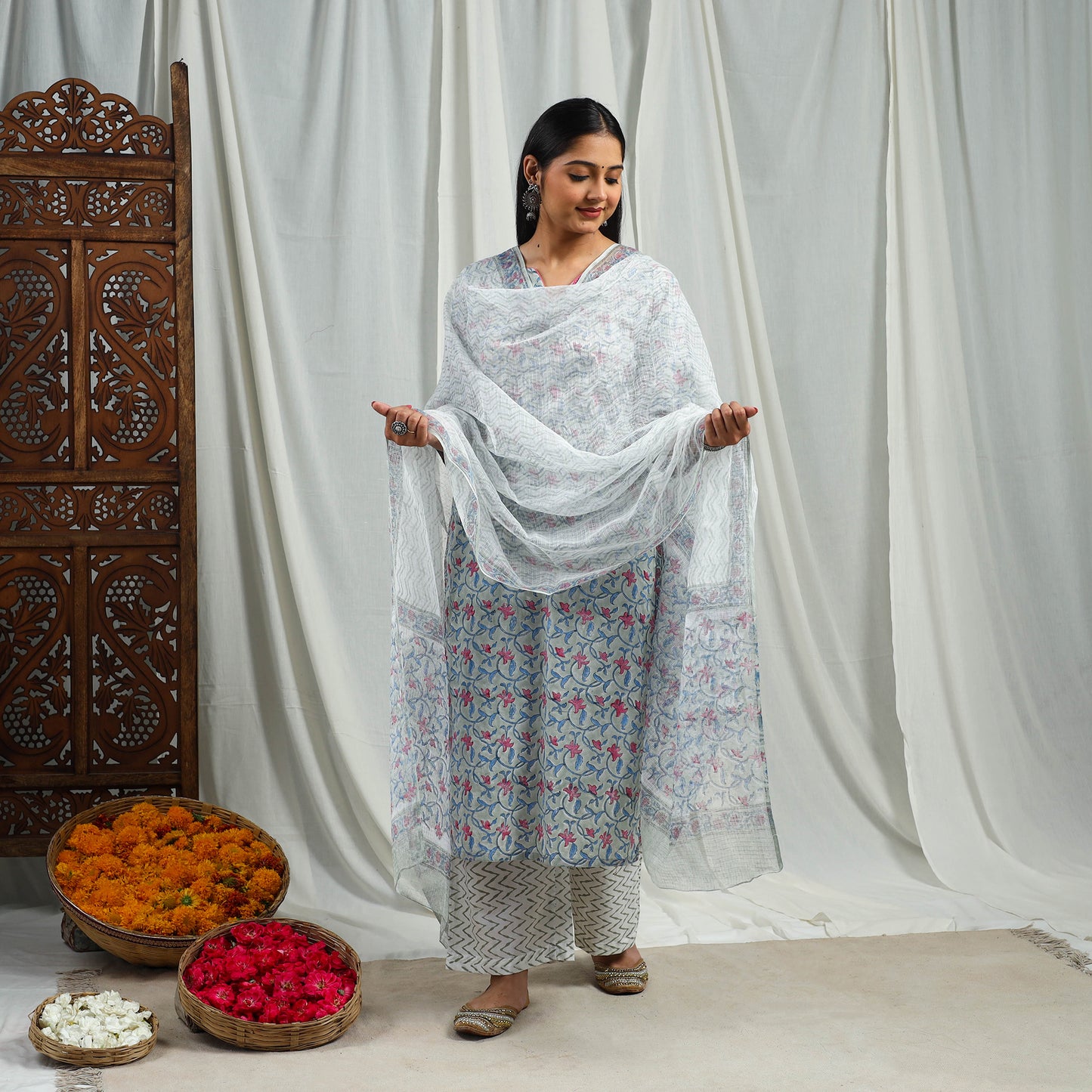 Buy Block Print Cotton Sanganeri Kurta Set