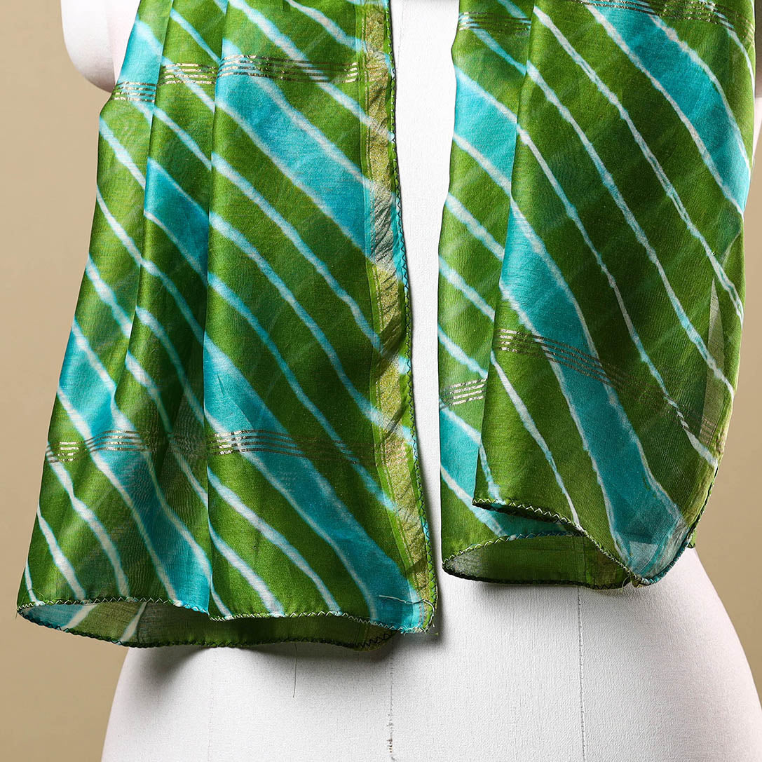 Green - Leheriya Tie-Dye Chanderi Silk Handloom Stole with Zari Border 39