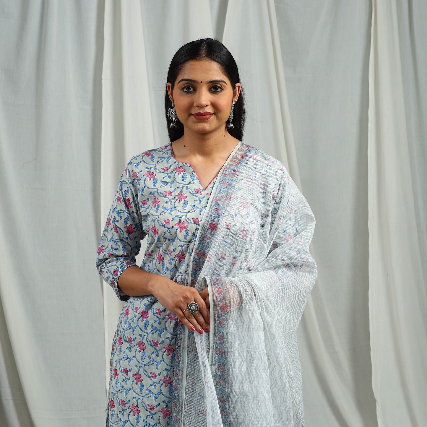 Buy Block Print Cotton Sanganeri Kurta Set
