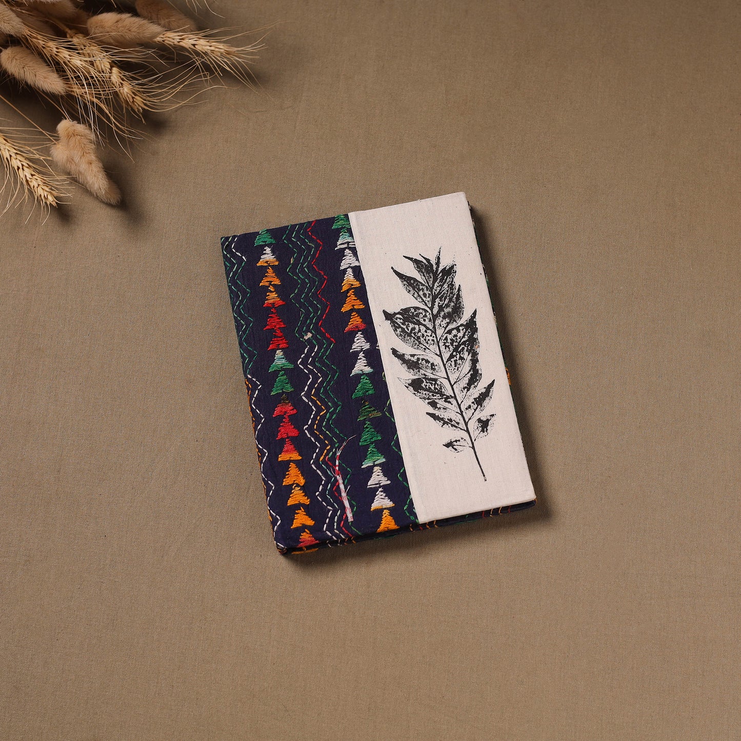 Multi colour - Handmade Paper Notebook with Eco Leaf Print Kantha Work 05