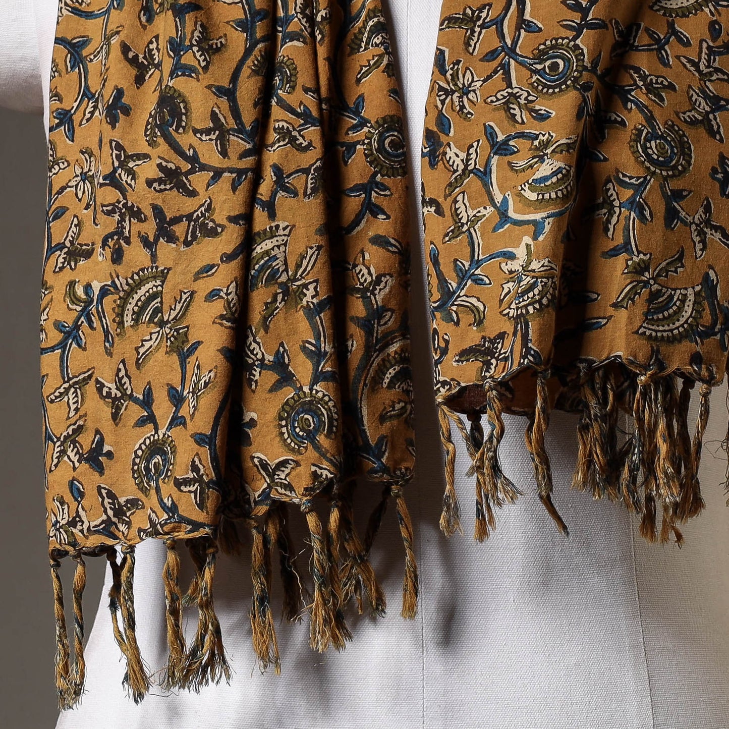 Brown - Ochre Yellow with Blue Lianas Sanganeri Block Printed Cotton Stole With Tassels