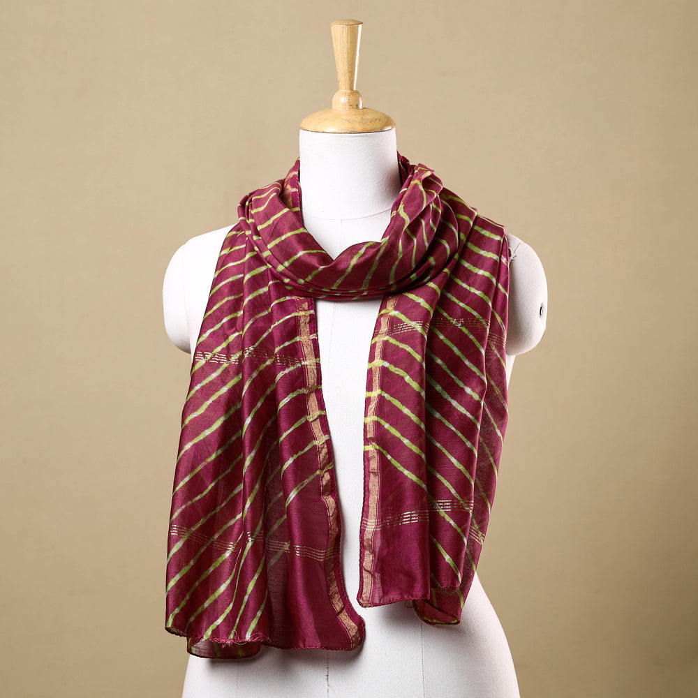 Maroon - Leheriya Tie-Dye Chanderi Silk Handloom Stole with Zari Border 41