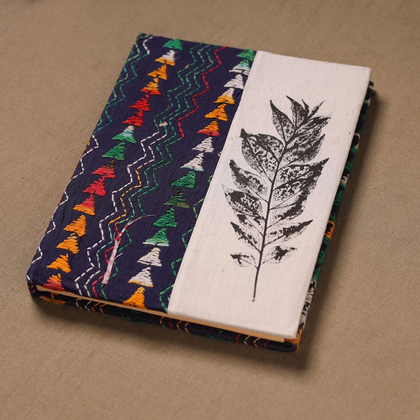 Multi colour - Handmade Paper Notebook with Eco Leaf Print Kantha Work 05