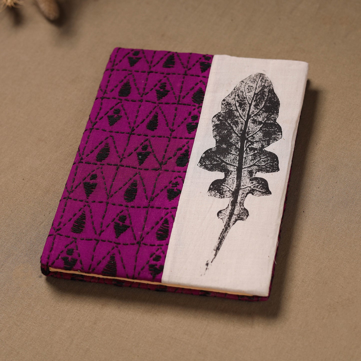 Purple - Handmade Paper Notebook with Eco Leaf Print Kantha Work 06