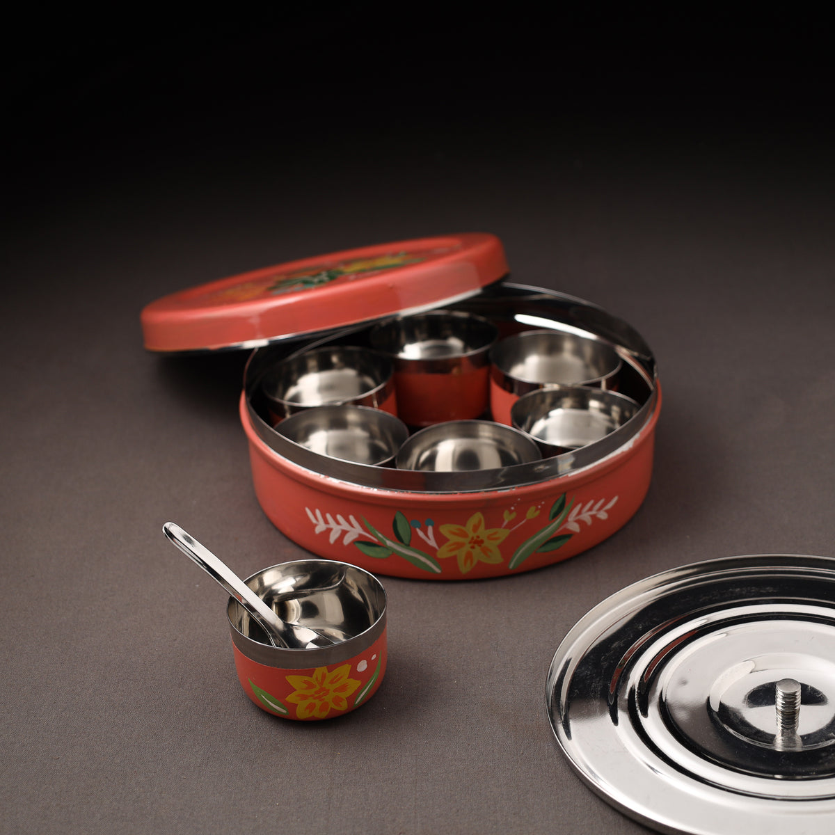 Floral Handpainted Enamelware Stainless Steel Masala Box (7 x 7 in) 13