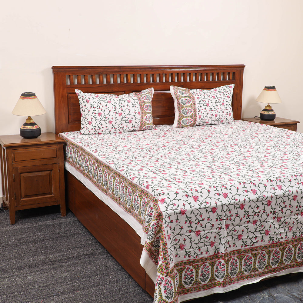 White - Pure Cotton Double Sanganeri Print Bed Cover Set 32