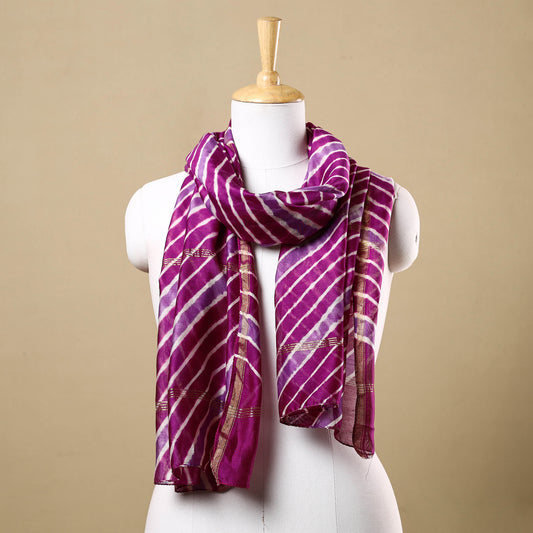 Purple - Leheriya Tie-Dye Chanderi Silk Handloom Stole with Zari Border 47