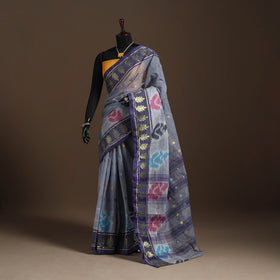 Grey - bengali tant saree with matching jewellery & blouse