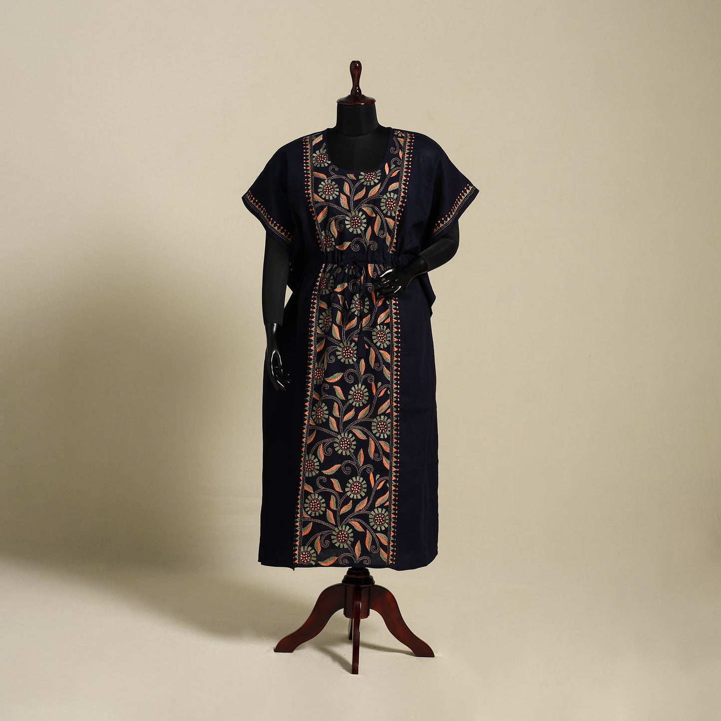 Black Bengal Kantha Hand Embroidery Cotton Kaftan (Long) 
