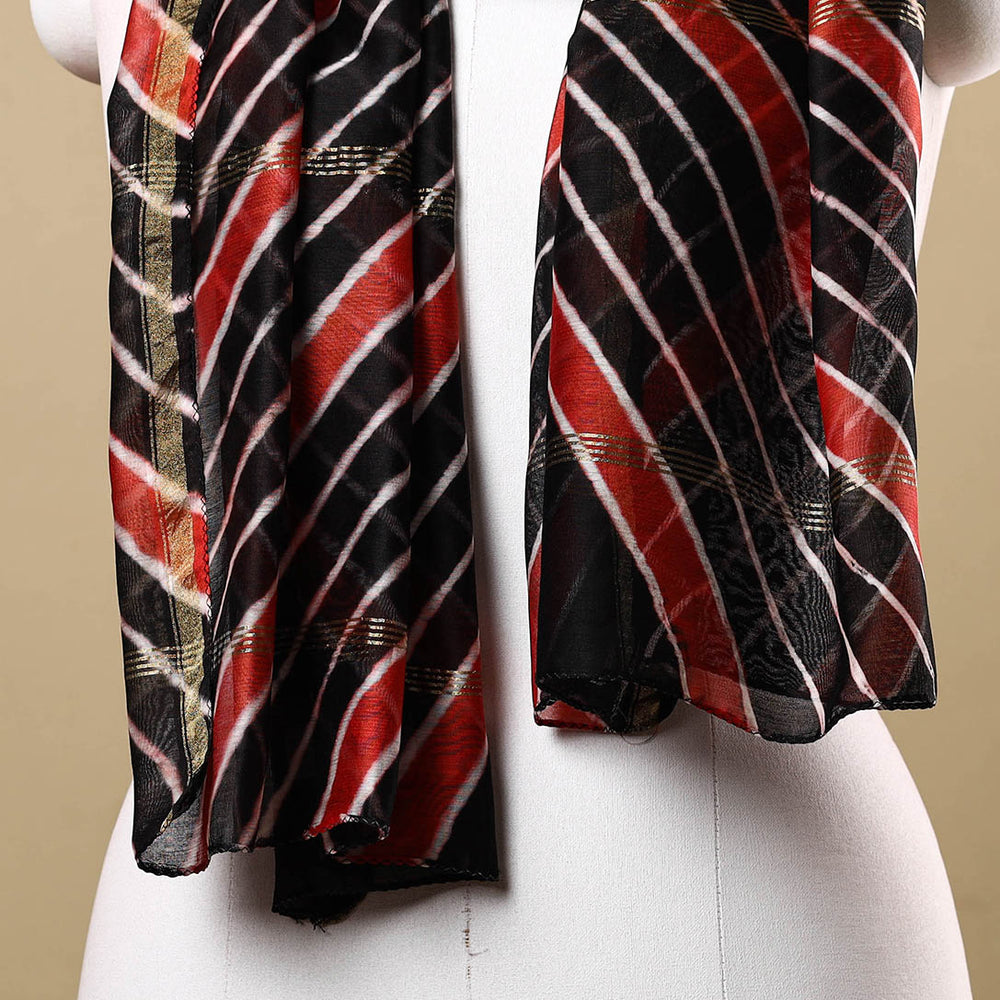 Black - Leheriya Tie-Dye Chanderi Silk Handloom Stole with Zari Border 50